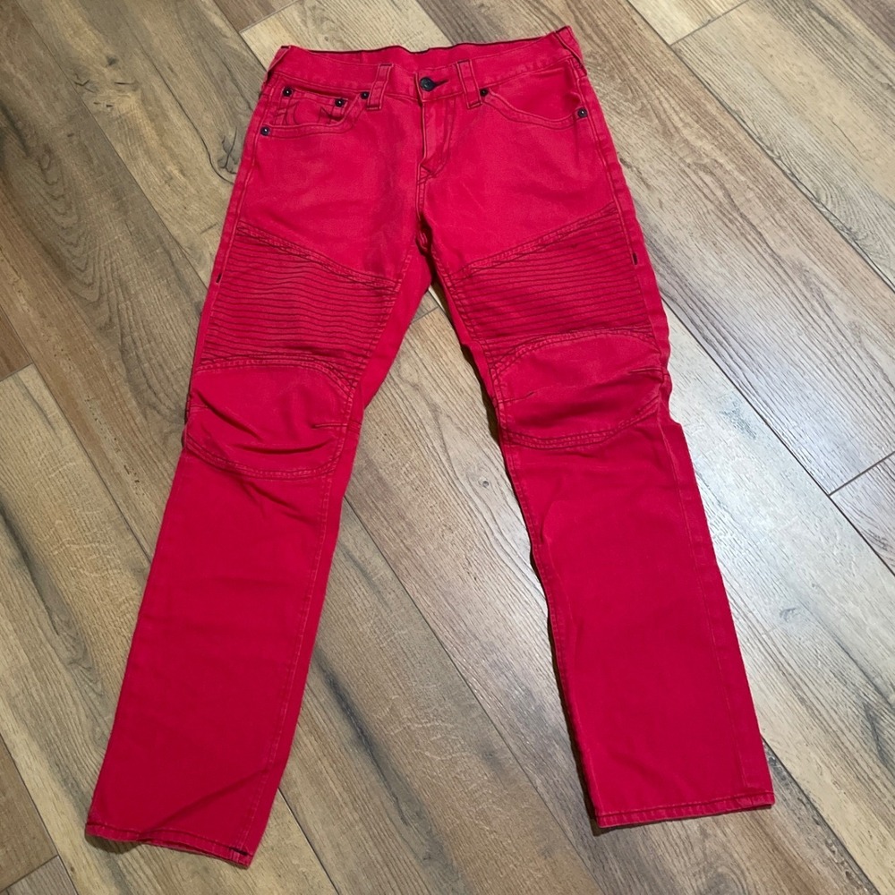 True Religion Y2K Moto Jeans Mens Size 32‎ Red Bikercore McBling Streetwear